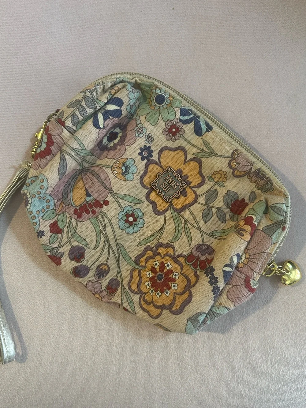 Anna Sui Floral Wristlet Pouch in Cream with Multicolor Blooms
